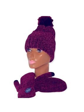 Sag Harbor Women’s Burgundy Chenille Beanie & Texting Mitten Set